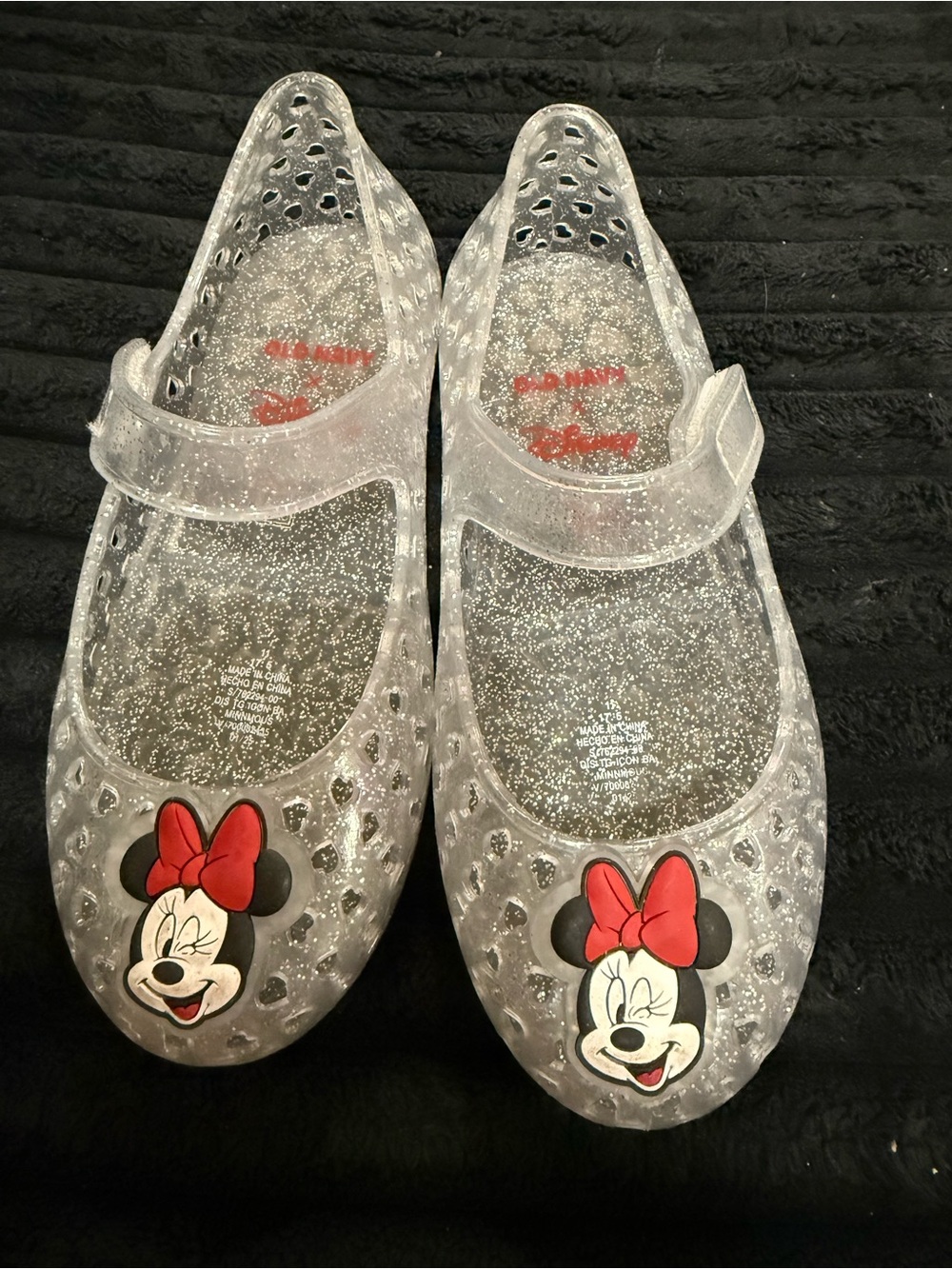 Old Navy Minnie Mouse- Clear Glitter Mary Jane Sandals with Red Bow Accent